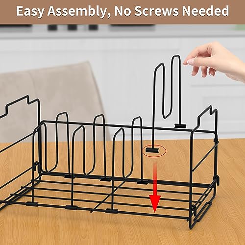 Set of 2 Stackable Food Container Lid Organizer, Adjustable Metal Lid Storage Shelf for Kitchen, 4 Dividers Detachable Lid Organiser Rack for Cabinets, Cupboards, Pantry Shelves, Drawers, Black