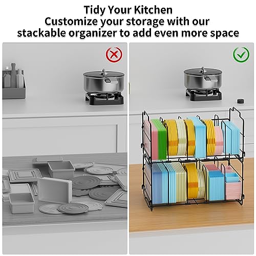 Set of 2 Stackable Food Container Lid Organizer, Adjustable Metal Lid Storage Shelf for Kitchen, 4 Dividers Detachable Lid Organiser Rack for Cabinets, Cupboards, Pantry Shelves, Drawers, Black