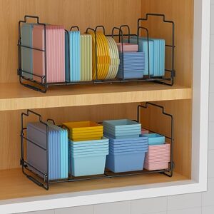 Set of 2 Stackable Food Container Lid Organizer, Adjustable Metal Lid Storage Shelf for Kitchen, 4 Dividers Detachable Lid Organiser Rack for Cabinets, Cupboards, Pantry Shelves, Drawers, Black