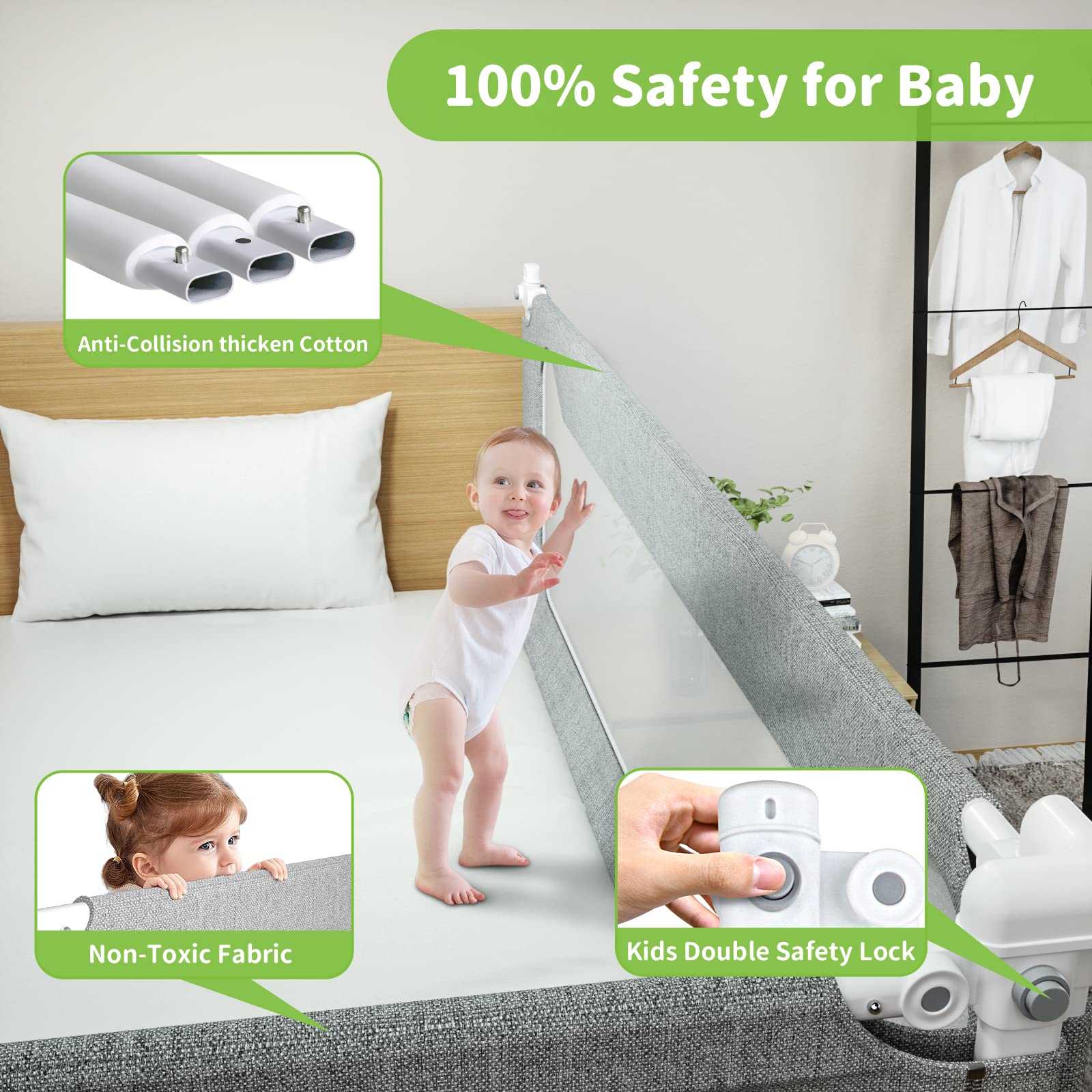 Sephyroth Bed Rails for Toddlers, Extra Tall Baby Bed Rail Guard Specially Designed for Twin, Full, Queen, King Size - Safety Bed Guard Rails for Kids 1 Side:78.74"(L) ×27"(H)