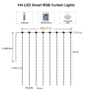 LumBelle Smart Curtain Lights RGB 5050 Built in Chip, Color Changing Curtain Lights with Music Sync APP Remote Control, 8Ft x 6Ft 144LED USB Curtain Fairy String Lights for Party Patio Garden Decor