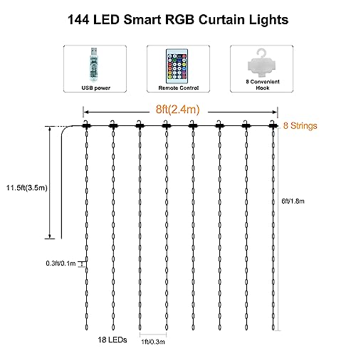 LumBelle Smart Curtain Lights RGB 5050 Built in Chip, Color Changing Curtain Lights with Music Sync APP Remote Control, 8Ft x 6Ft 144LED USB Curtain Fairy String Lights for Party Patio Garden Decor