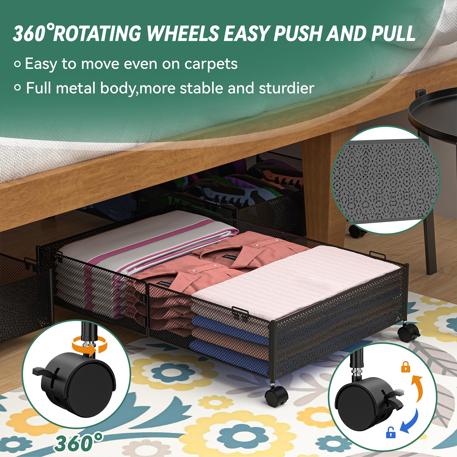 TUMUCUTE Under Bed Storage, Underbed Storage Containers with Wheels, Metal Under the bed storage, Under Bed Storage Organizer for Shoe, Clothes, Blankets, Bedding(2 Pack)