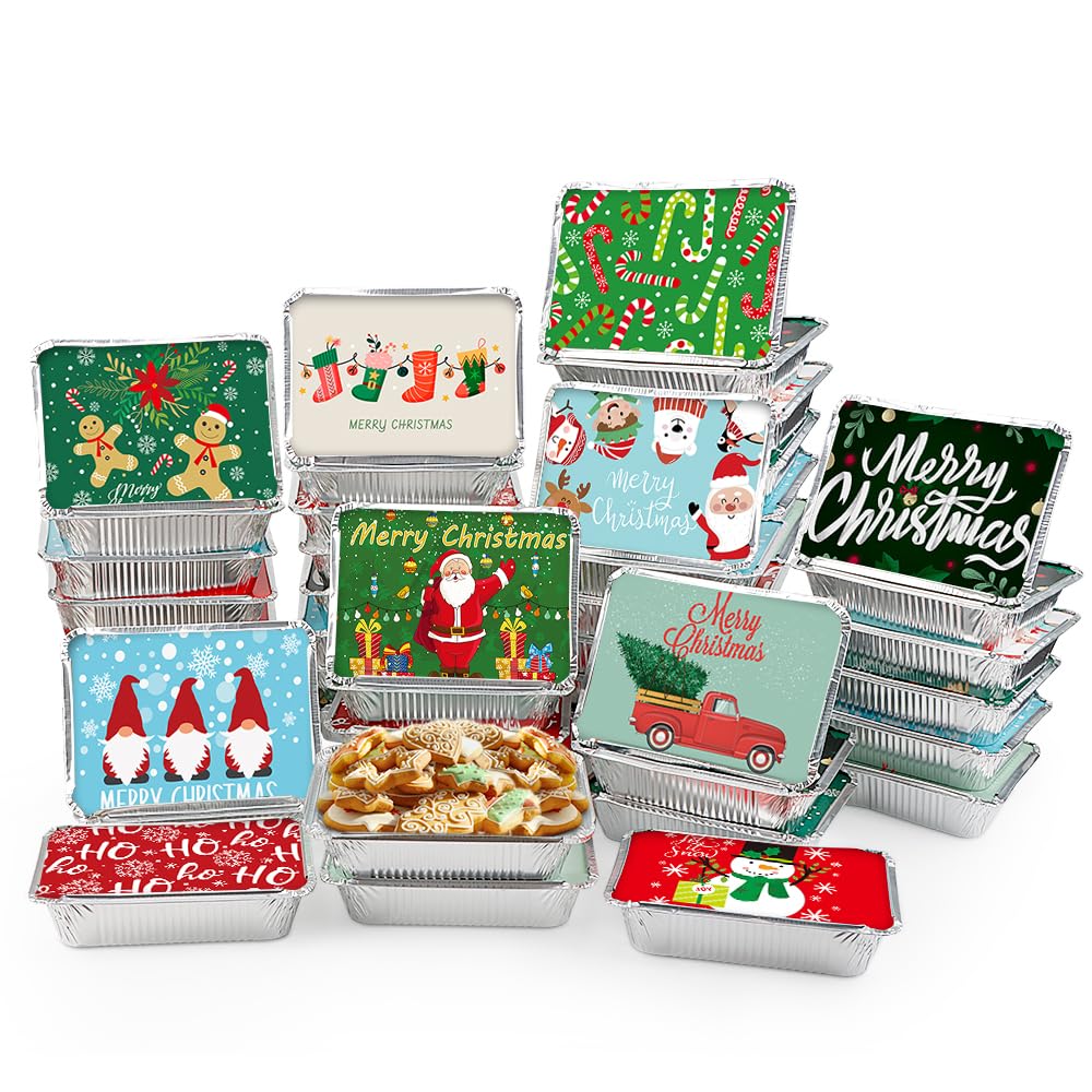 AKEROCK 50 PCS Christmas Cookie Tins with Lid, Foil Treat Containers for Holiday Gift Giving and Food Storage - Christmas Cookie Containers