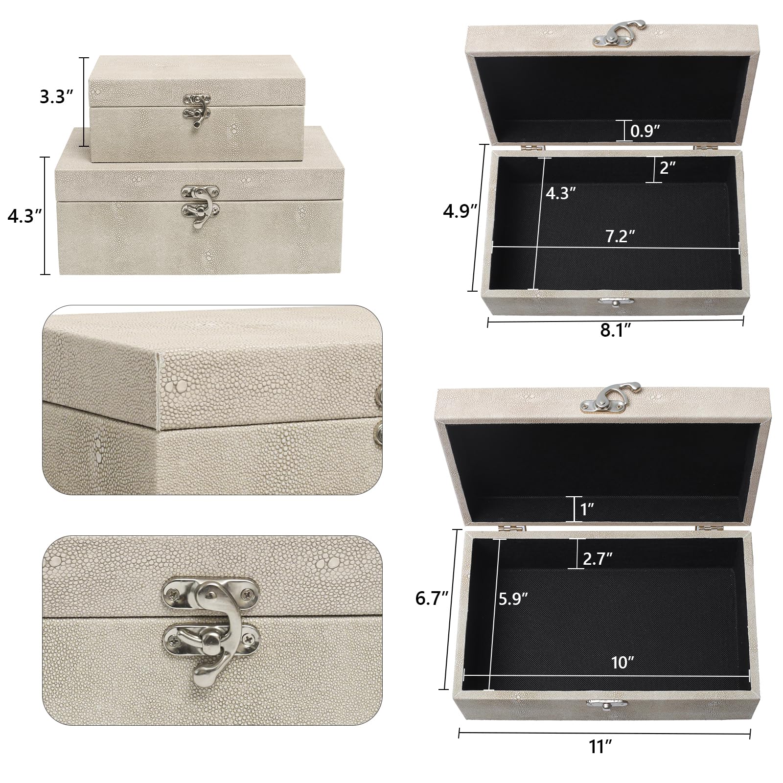 DECOR4SEASON Faux Shagreen Leather Decorative Storage Boxes Set of 2, Ivory