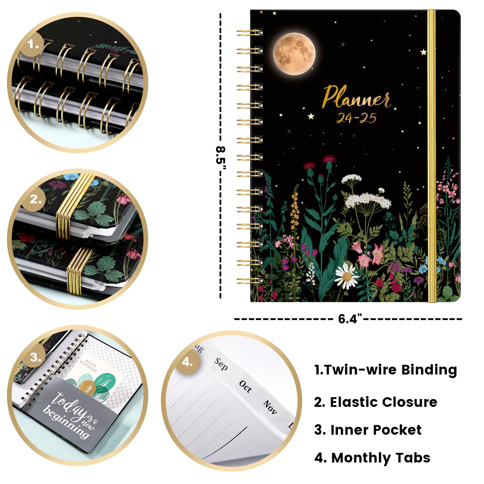 2024-2025 Planner - Planner/Calendar 2024-2025, July 2024 - June 2025, 2024-2025 Planner Weekly and Monthly with Tabs, 6.4" x 8.5", Hardcover with Back Pocket + Thick Paper - Moonlight Floral