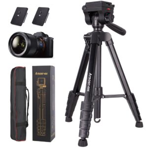 camera tripod, 74" dslr camera tripod with 2 qr plates for sony/nikon/canon, lightweight video tripod stand for travelling, phone tripod with fluid head/phone holder/wireless remote max.load 6kg 175