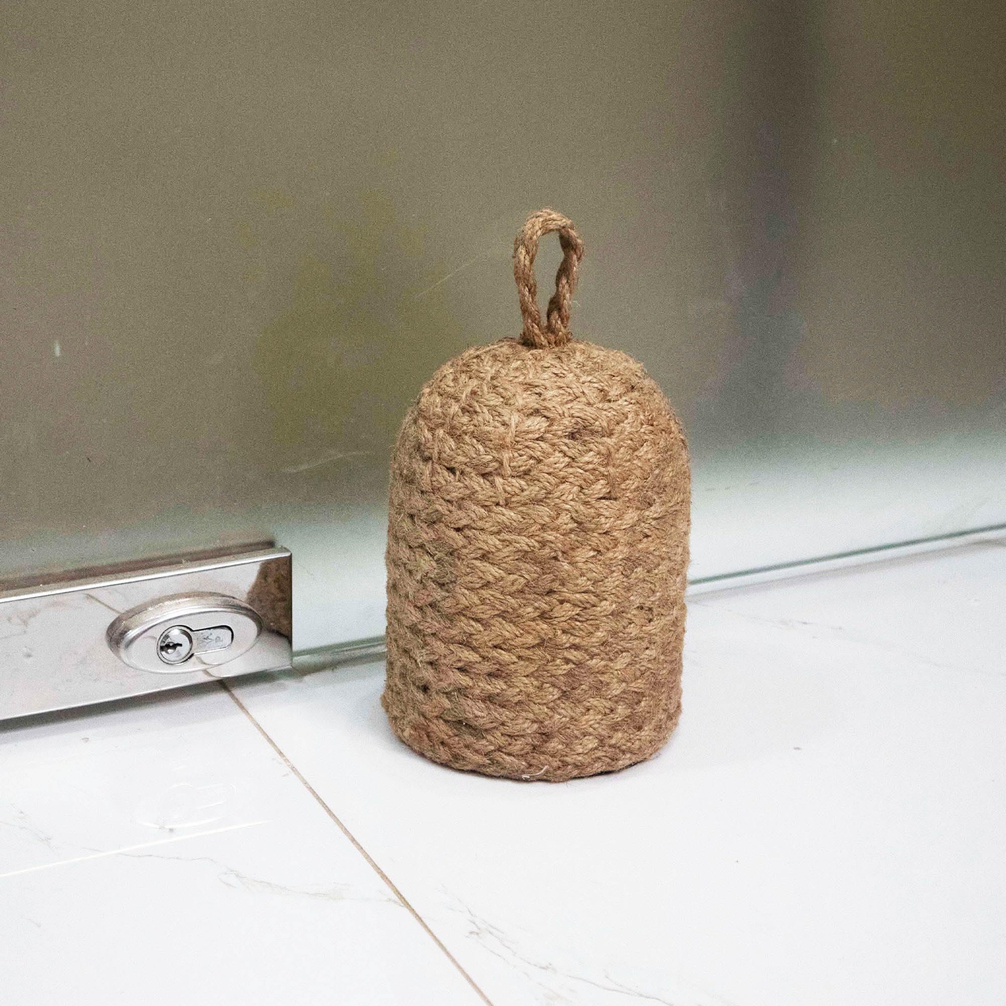 PEMAR Natural Wicker Door Stopper with Handle, Jute Decorative Door Stop, Heavy Indoor Doorstop, Blocker Keeps Door Open, Rustic Farmhouse Door Jammer 5.1''D x 9''H (Jute)