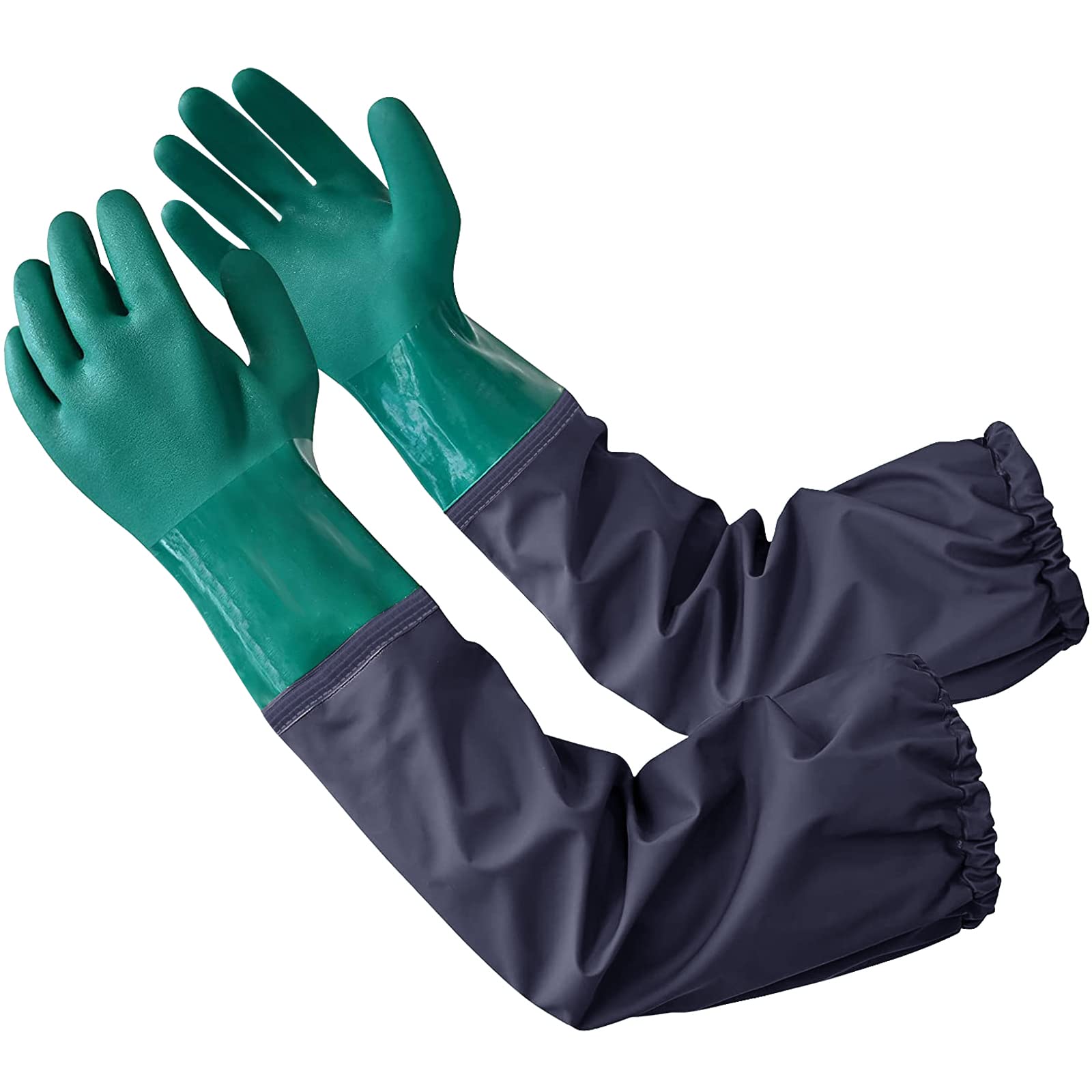 Coopache Full Arm Rubber Gloves, 25" Long Sleeve Waterproof Pond Gloves, Chemical Resistant Gloves Reusable for Men and Women Green & Blue, Large