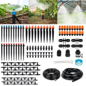 240ft drip irrigation system kit, yomile automatic garden watering misting system with 1/2 inch hose 1/4 inch distribution tubing drip emitters drip spray 2 in 1 nozzle for greenhouse, yard, lawn