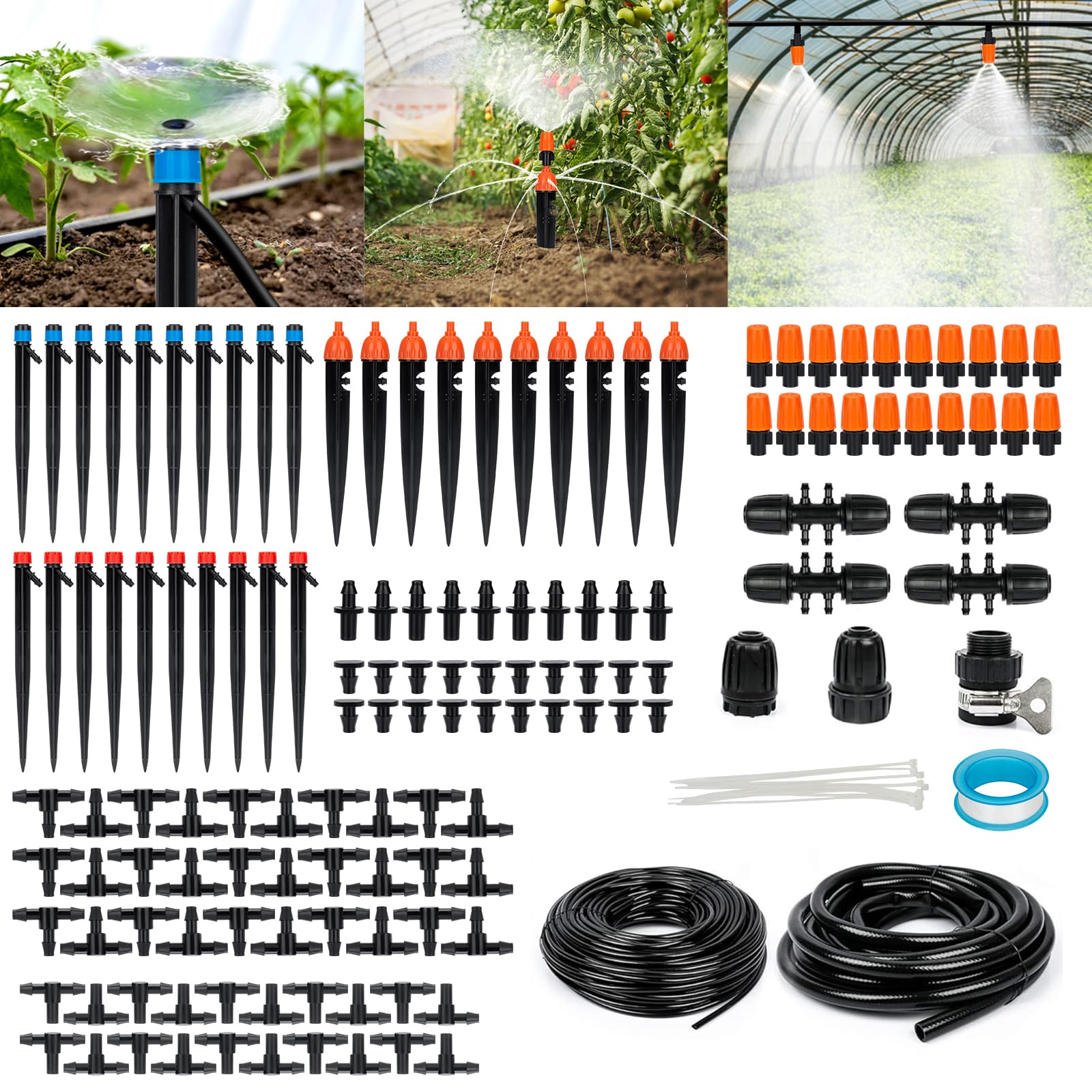 240FT Drip Irrigation System Kit, Yomile Automatic Garden Watering Misting System with 1/2 inch Hose 1/4 inch Distribution Tubing Drip Emitters Drip Spray 2 in 1 Nozzle for Greenhouse, Yard, Lawn