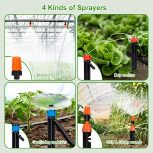 240FT Drip Irrigation System Kit, Yomile Automatic Garden Watering Misting System with 1/2 inch Hose 1/4 inch Distribution Tubing Drip Emitters Drip Spray 2 in 1 Nozzle for Greenhouse, Yard, Lawn