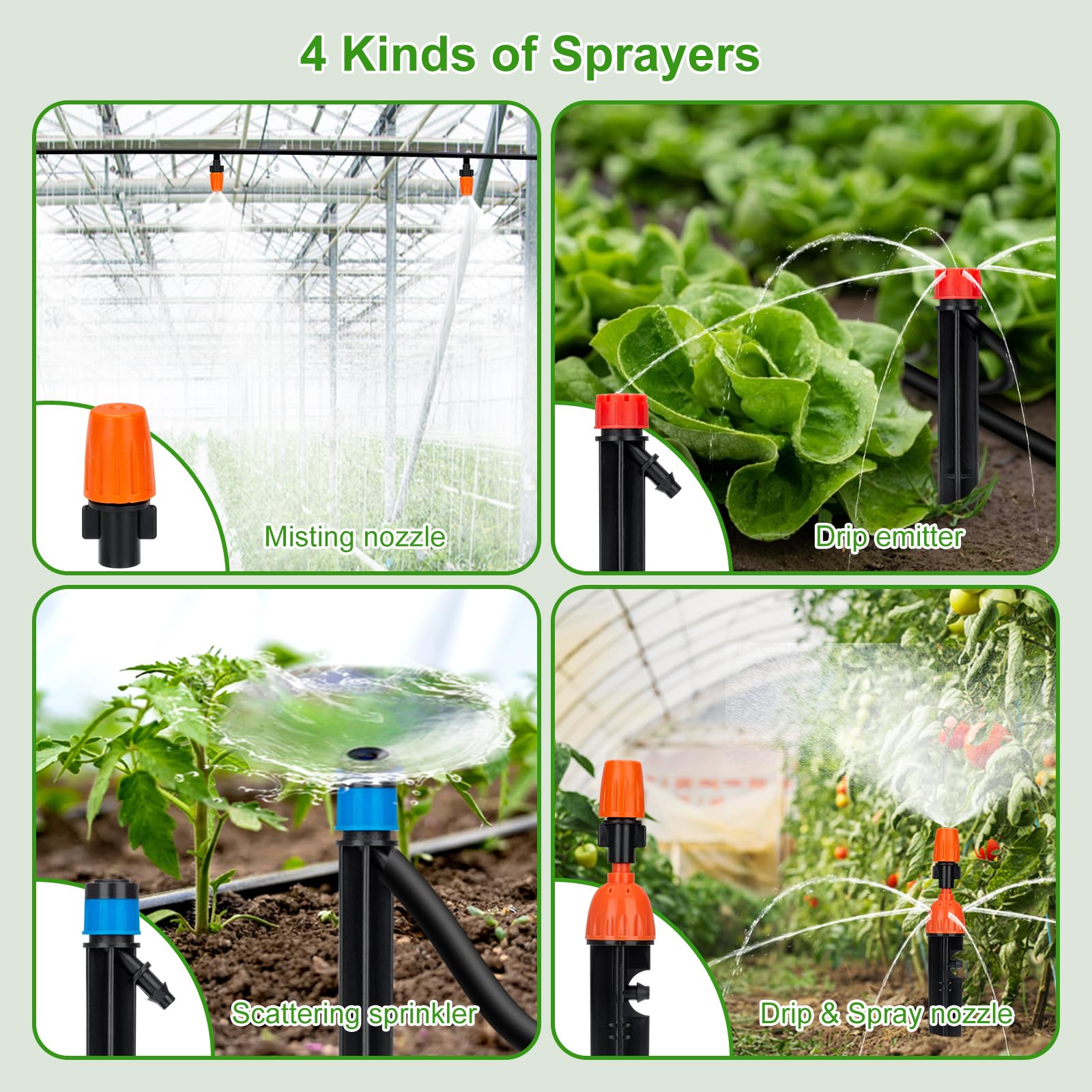 240FT Drip Irrigation System Kit, Yomile Automatic Garden Watering Misting System with 1/2 inch Hose 1/4 inch Distribution Tubing Drip Emitters Drip Spray 2 in 1 Nozzle for Greenhouse, Yard, Lawn