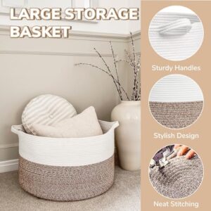 TIMEYARD Large Storage Basket, 21.7'' x 13.8'' Cotton Rope Blanket Basket Living Room Toy Baskets Storage Kids, Nursery Laundry Baskets for Dirty Clothes Pillows Towel, 90L White & Brown