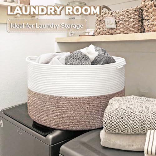 TIMEYARD Large Storage Basket, 21.7'' x 13.8'' Cotton Rope Blanket Basket Living Room Toy Baskets Storage Kids, Nursery Laundry Baskets for Dirty Clothes Pillows Towel, 90L White & Brown