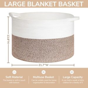 TIMEYARD Large Storage Basket, 21.7'' x 13.8'' Cotton Rope Blanket Basket Living Room Toy Baskets Storage Kids, Nursery Laundry Baskets for Dirty Clothes Pillows Towel, 90L White & Brown