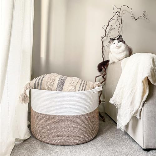 TIMEYARD Large Storage Basket, 21.7'' x 13.8'' Cotton Rope Blanket Basket Living Room Toy Baskets Storage Kids, Nursery Laundry Baskets for Dirty Clothes Pillows Towel, 90L White & Brown