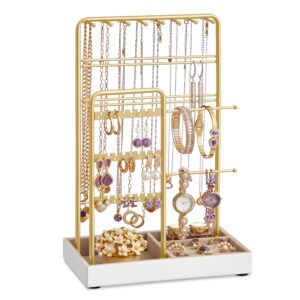 SONGMICS Jewelry Holder, Jewelry Organizer, Mother's Day Gifts, Jewelry Display Stand with Metal Frame and Velvet Tray, Necklace Earring Bracelet Holder, for Studs, Rings, Gold Color UJJS021A01