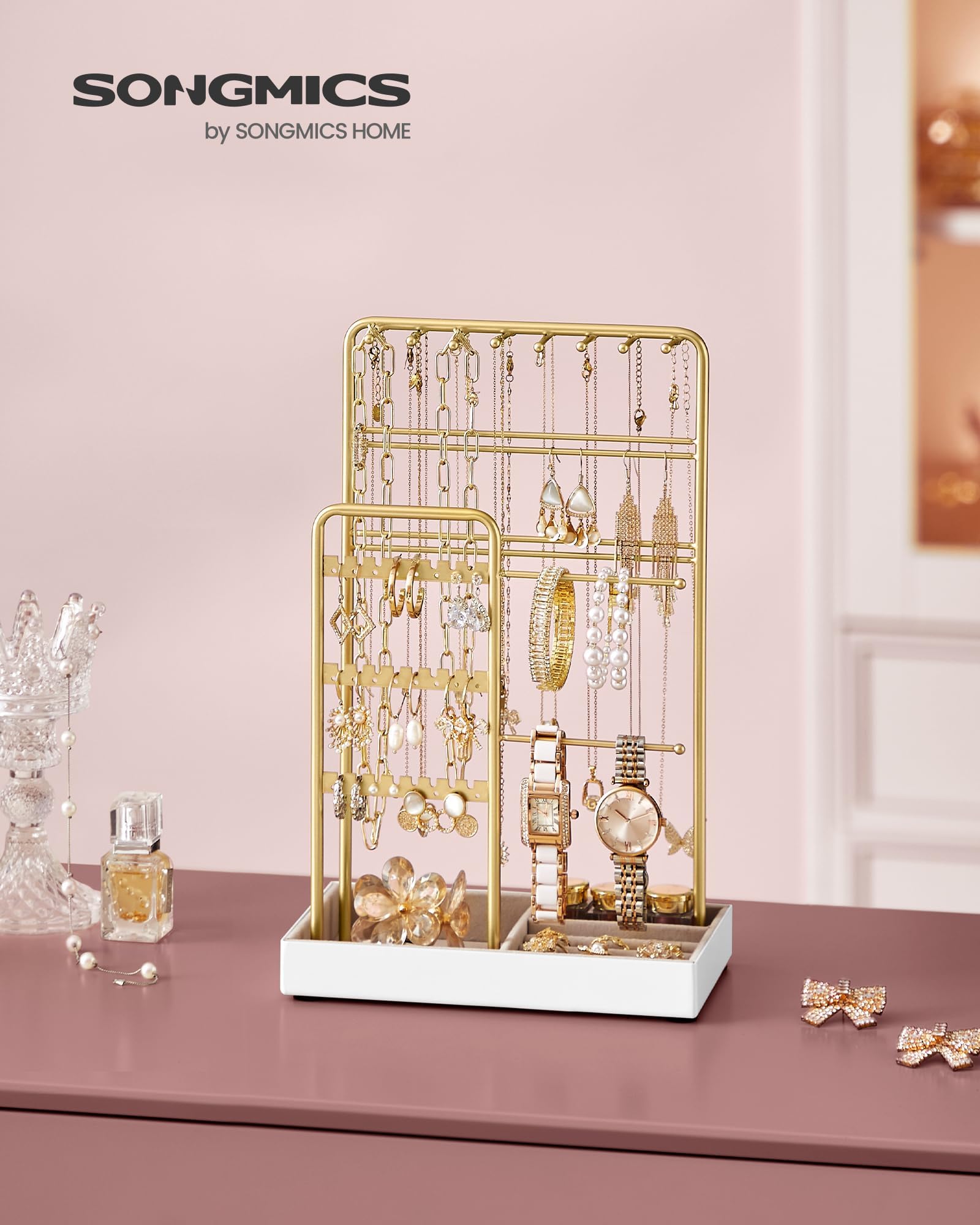 SONGMICS Jewelry Holder, Jewelry Organizer, Mother's Day Gifts, Jewelry Display Stand with Metal Frame and Velvet Tray, Necklace Earring Bracelet Holder, for Studs, Rings, Gold Color UJJS021A01