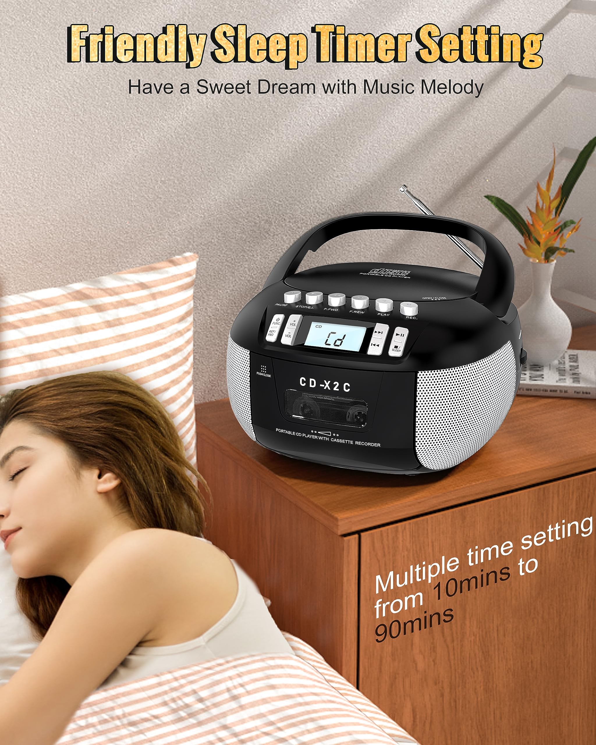 Sunoony CD and Cassette Player Combo, Boombox CD Player Portable with AM/FM Radio, Tape Recording, Stereo Sound, AC/DC Powered, AUX/Headphone Jack, Sleep Timer for Home, Senior, Child