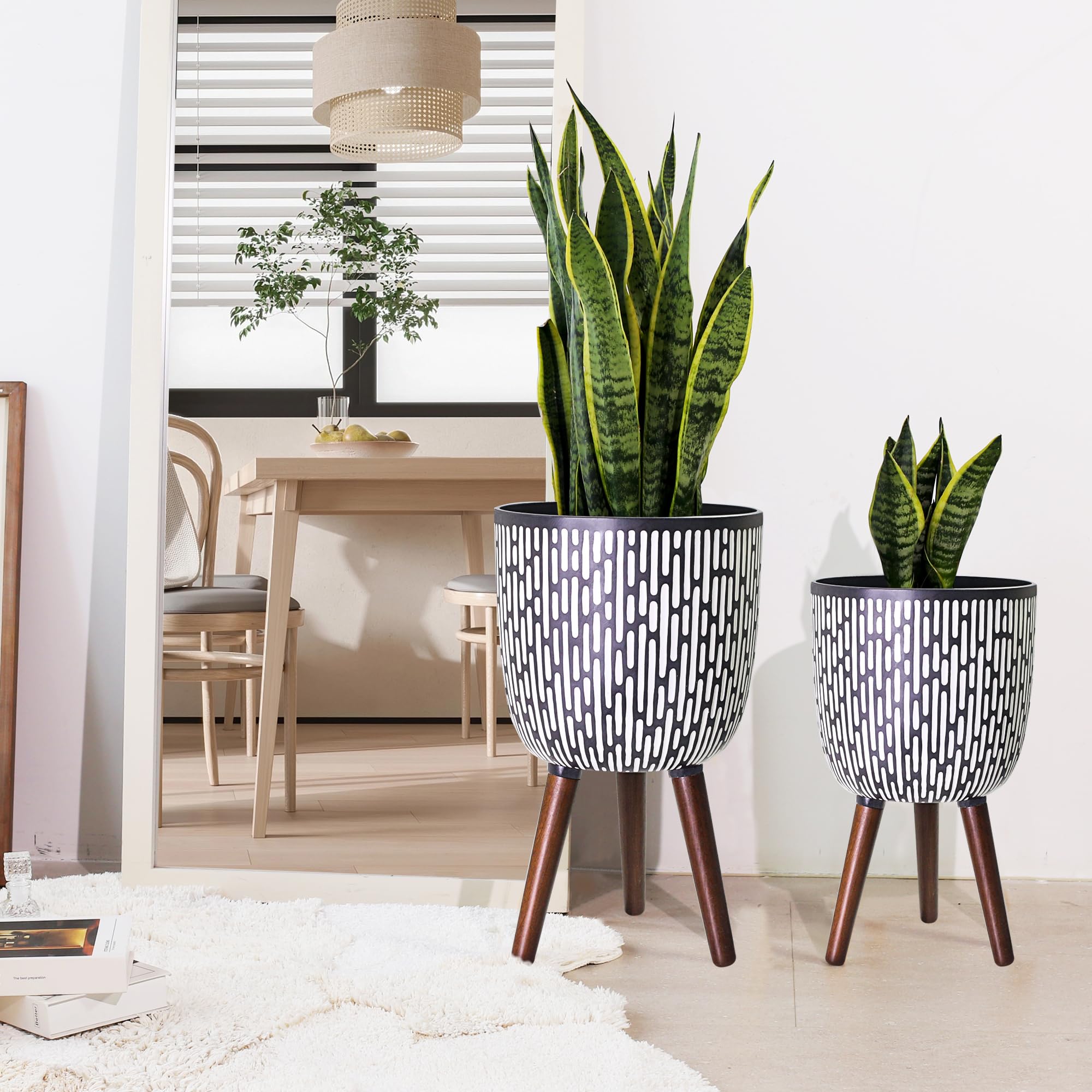 Opnons Plant Pot with Stand 2pcs 10 & 12 inches, Mid-Century Tall Planter with Legs for Indoor Plants, Boho Purple Print Standing Plant Pot with Drainage Plug for Monstera, Herb, Succulent Flower Pot