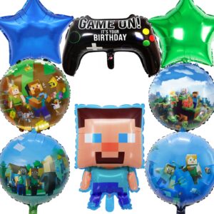 8 pcs pixel theme foil balloons, large pixel miner birthday party balloons decorations video game style balloons star shape foil balloons for kids boys and girls