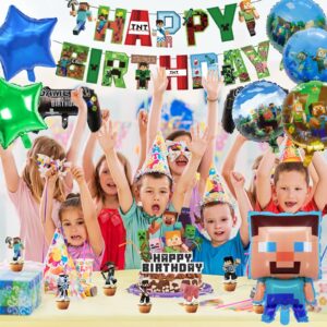 8 PCS Pixel Theme Foil Balloons, Large Pixel Miner Birthday Party Balloons Decorations Video Game Style Balloons Star Shape Foil Balloons for Kids Boys and Girls