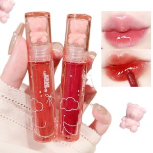 new irven 2pcs bear lip glaze jelly lipstick,liquid lipstick cute bear lipgloss moisturizing lip stain plumping water lip gloss waterproof long lasting cheek rouge tint cosmetics bear beauty makeup