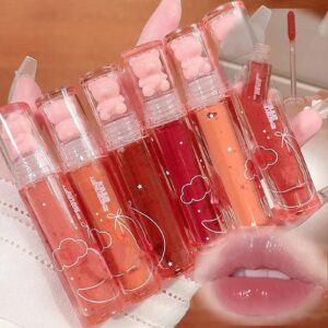 New Irven 2Pcs Bear Lip Glaze Jelly Lipstick,Liquid Lipstick Cute Bear Lipgloss Moisturizing Lip Stain Plumping Water Lip Gloss Waterproof Long Lasting Cheek Rouge Tint Cosmetics Bear Beauty Makeup