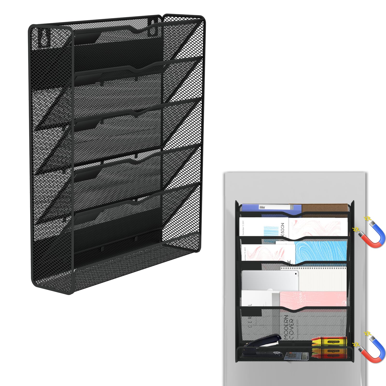 6-Tier Magnetic File Holder, Large Capacity File Cabinet Organizer, No-Drill Mount Hanging Magnetic Paper Holder for File Cabinets, Office, Whiteboard, Magnetic Mail Holder