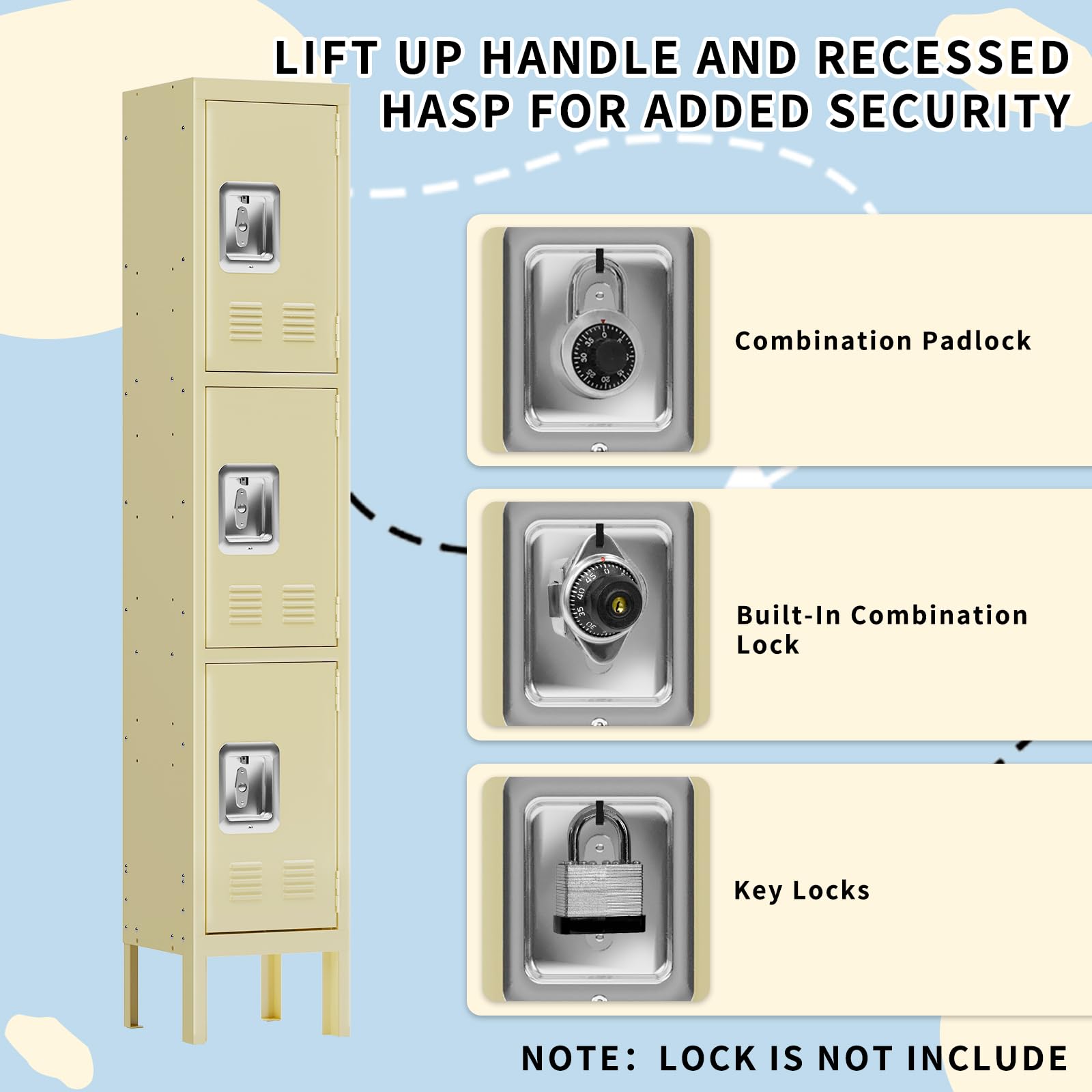 KAER Lockers,Metal Locker, Lockers for Employees, Locker Shelf for School, Gym Locker, Office, Garage, 3-Tier Locker with Mirror, Hooks, Screwdriver, Gloves