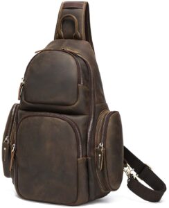 taertii full grain genuine leather sling bag, fits 14 inch laptop, travel chest crossbody shoulder sling backpack purse daypack 17l - brown