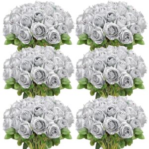 50 pcs artificial rose flower realistic silk roses with stem bouquet of flowers plastic flowers real looking fake roses for home wedding centerpieces party decorations (silver)