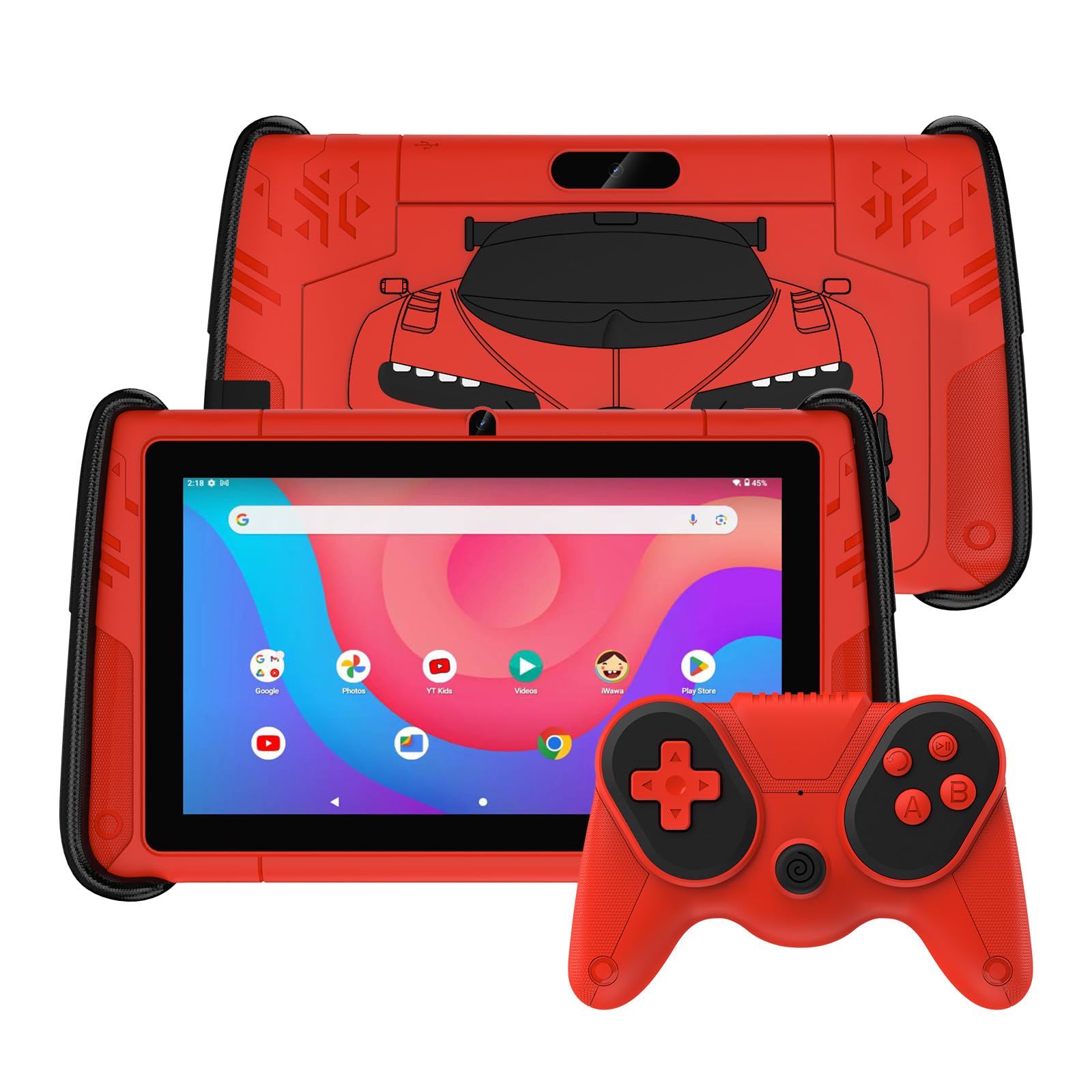 VOLENTEX 7 Inch Kids Tablet, Android 12 Tablet for Children with Game Controllers, 4GB RAM+64GB ROM(Expandable 512GB), Parental Control, Pre-Installed Kids Software, Shockproof Case(Red)