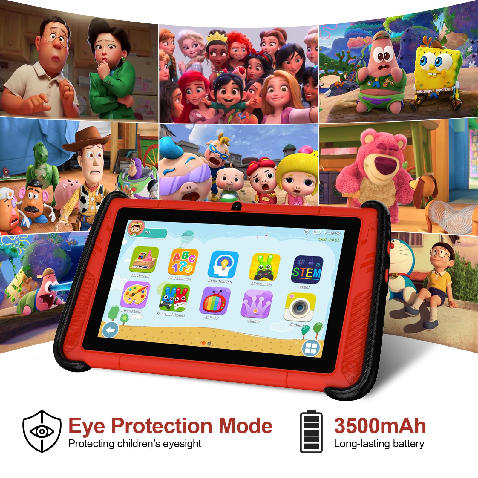 VOLENTEX 7 Inch Kids Tablet, Android 12 Tablet for Children with Game Controllers, 4GB RAM+64GB ROM(Expandable 512GB), Parental Control, Pre-Installed Kids Software, Shockproof Case(Red)