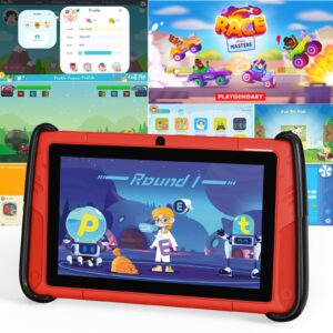 VOLENTEX 7 Inch Kids Tablet, Android 12 Tablet for Children with Game Controllers, 4GB RAM+64GB ROM(Expandable 512GB), Parental Control, Pre-Installed Kids Software, Shockproof Case(Red)