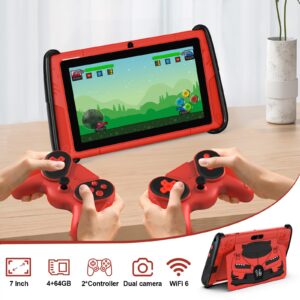 VOLENTEX 7 Inch Kids Tablet, Android 12 Tablet for Children with Game Controllers, 4GB RAM+64GB ROM(Expandable 512GB), Parental Control, Pre-Installed Kids Software, Shockproof Case(Red)