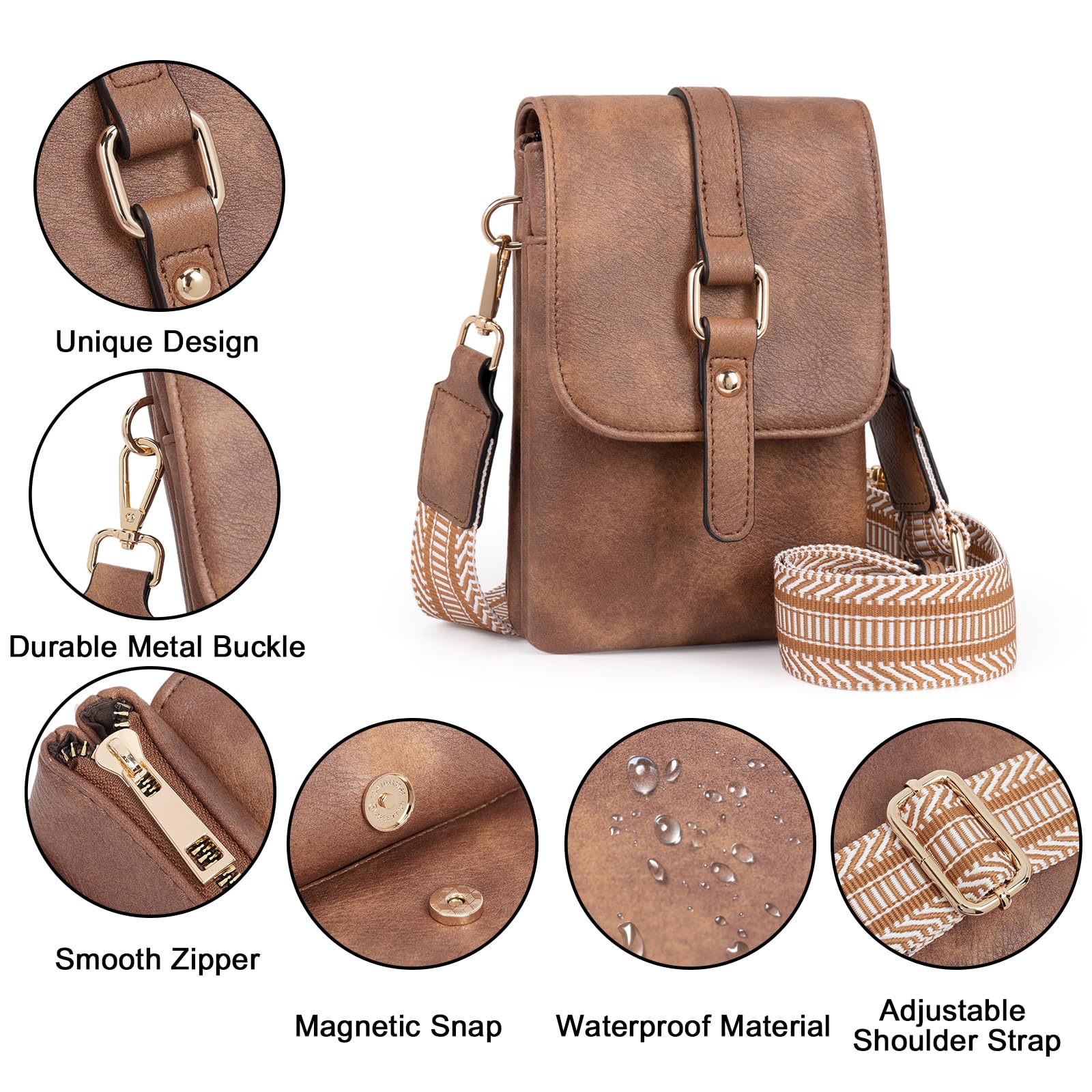 CLUCI Small Crossbody Bags for Women Leather Cell Phone Shoulder Purses Brown