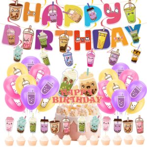 bubble tea party decorations boba tea birthday party supplies includes boba tea birthday banner, spirlas, cake topper, cupcake toppers, balloons for boba tea party decorations party favors