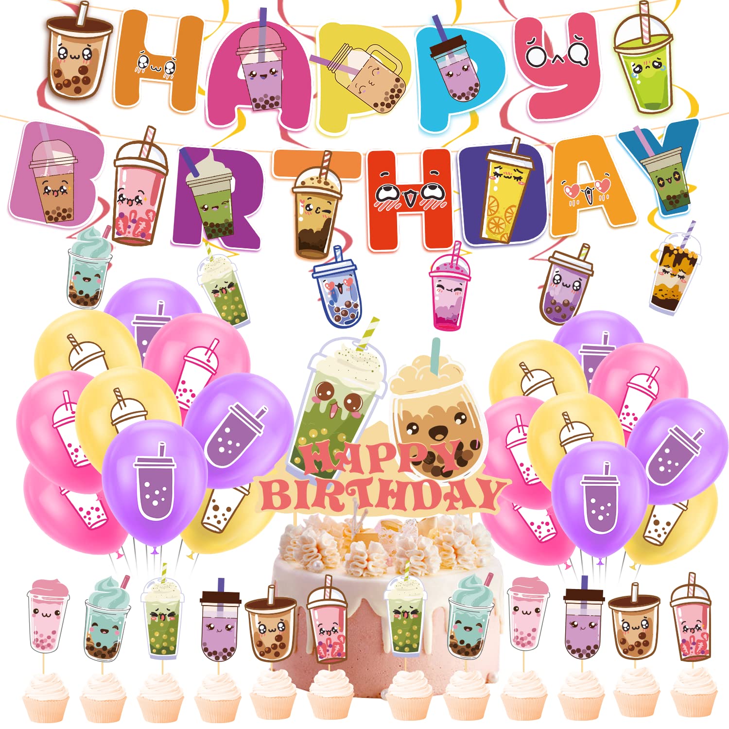 Bubble Tea Party Decorations Boba Tea Birthday Party Supplies Includes Boba Tea Birthday Banner, Spirlas, Cake Topper, Cupcake Toppers, Balloons for Boba Tea Party Decorations Party Favors