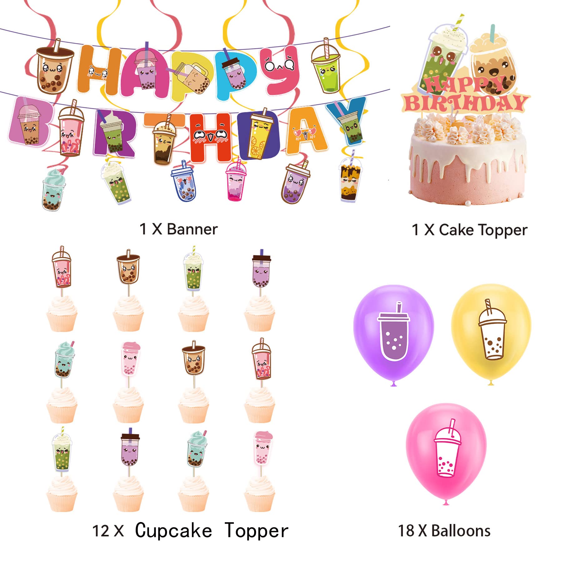 Bubble Tea Party Decorations Boba Tea Birthday Party Supplies Includes Boba Tea Birthday Banner, Spirlas, Cake Topper, Cupcake Toppers, Balloons for Boba Tea Party Decorations Party Favors