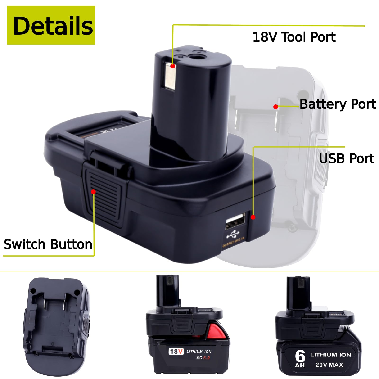 Epowon DM18RL Battery Adapter with USB Port Compatible with Dewalt 20v Battery and Compatible with Milwaukee 18V Battery Convert to Compatible with Ryobi 18V Cordless Tools