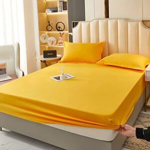 hotel bedding sheets,thick brushed solid color mattress protector, bedroom hotel mattress topper, fit 12"/30cm deep mattress,yellow,150x200cm+30cm