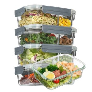 vtopmart 5pack 33oz glass food storage containers with lids, meal prep containers 2 compartments, airtight lunch containers bento boxes with snap locking lids for microwave, oven, freezer