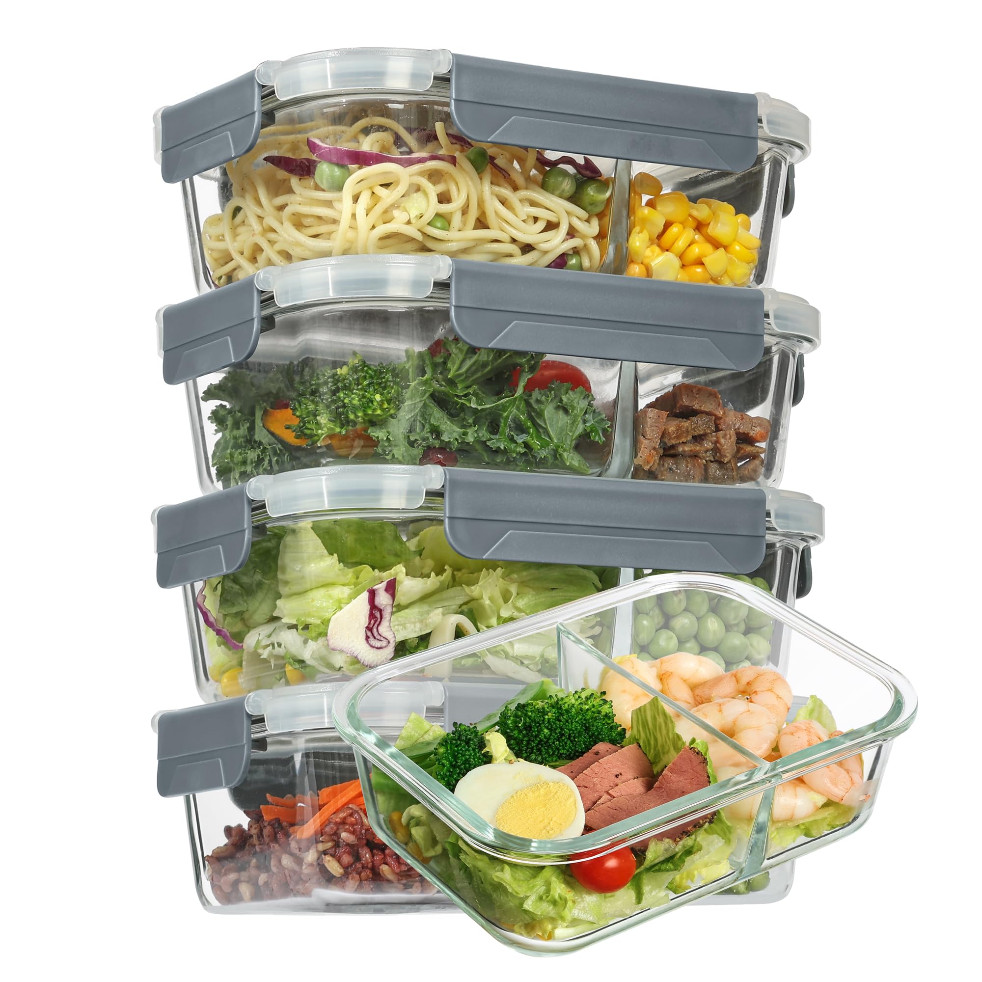 Vtopmart 5Pack 33oz Glass Food Storage Containers with Lids, Meal Prep Containers 2 Compartments, Airtight Lunch Containers Bento Boxes with Snap Locking Lids for Microwave, Oven, Freezer