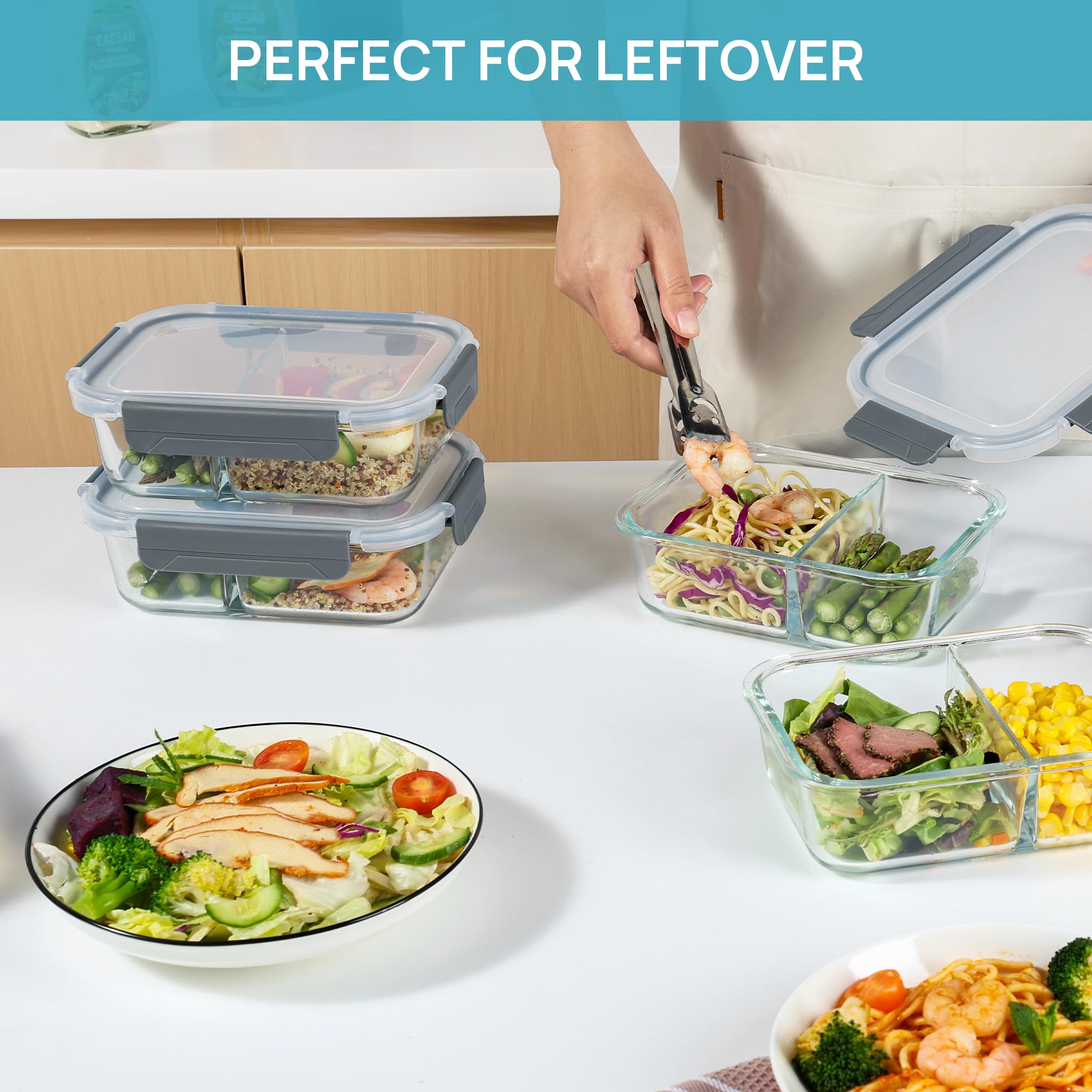 Vtopmart 5Pack 33oz Glass Food Storage Containers with Lids, Meal Prep Containers 2 Compartments, Airtight Lunch Containers Bento Boxes with Snap Locking Lids for Microwave, Oven, Freezer