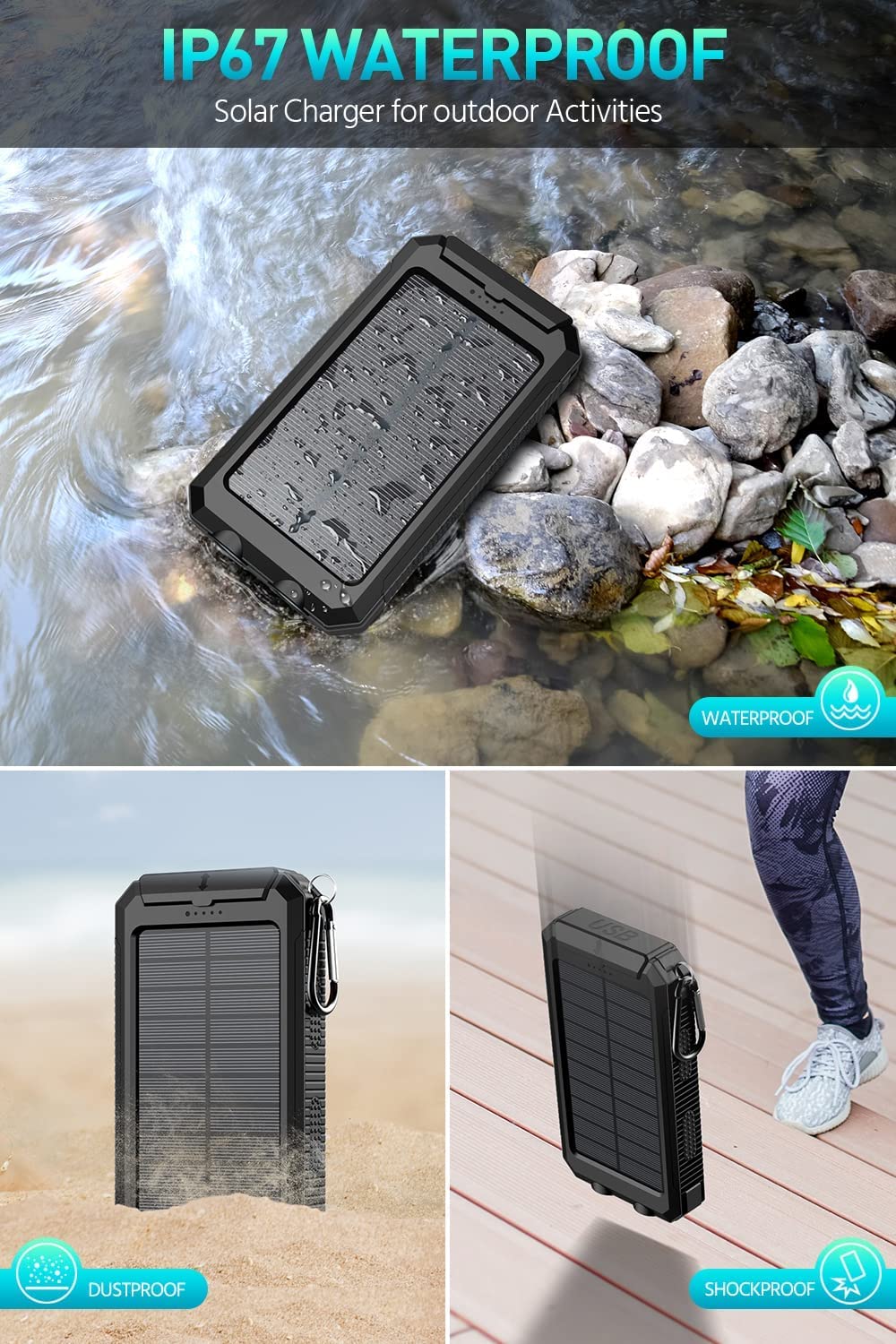 Power-Bank-Portable-Charger-Solar - 36800mAh Waterproof Portable External Backup Battery Charger Built-in Dual QC 3.0 5V3.1A Fast USB and Flashlight for All Phone and Electronic Devices (Deep Black)