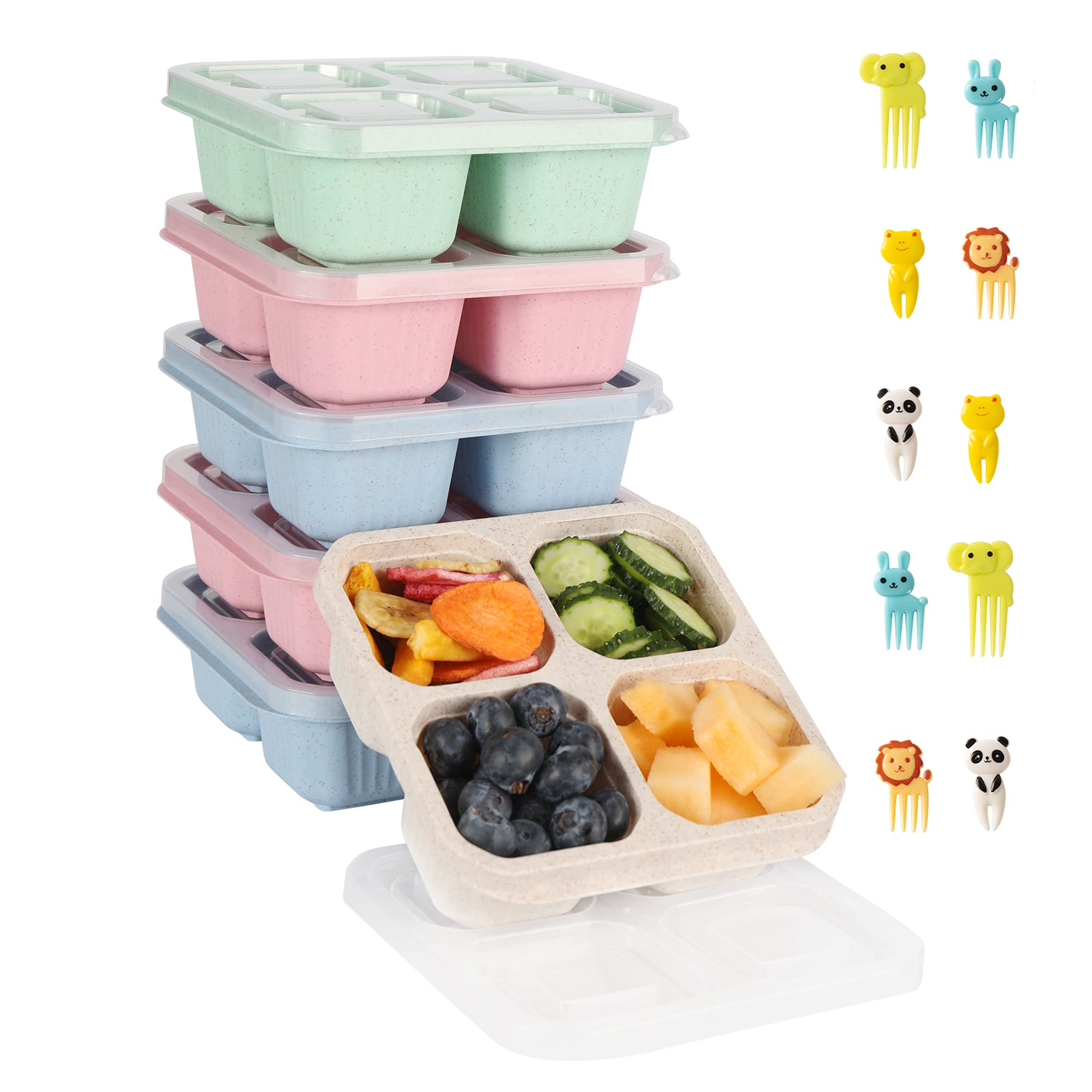 DESLON 6 Pack Snack Containers for Adults Kids, 4 Compartment Bento Snack Box, Reusable Meal Prep Lunch Containers with Compartment, Divided Small Snack Containers Bento Box for Travel Work