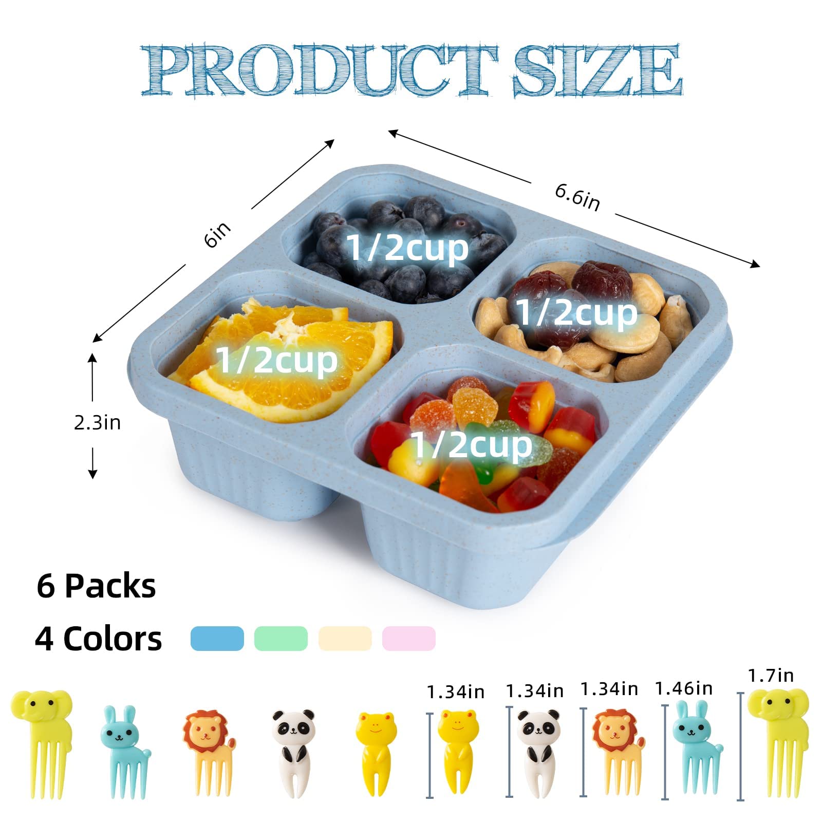 DESLON 6 Pack Snack Containers for Adults Kids, 4 Compartment Bento Snack Box, Reusable Meal Prep Lunch Containers with Compartment, Divided Small Snack Containers Bento Box for Travel Work