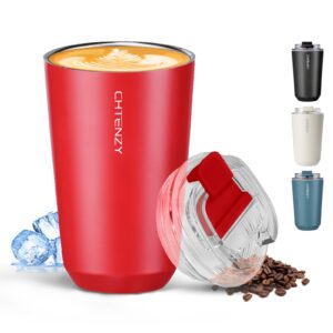 chtenzy insulated coffee mug,spill proof travel coffee cup with lid, red coffee thermos,stainless steel double wall vacuum cup,reusable for coffee tumbler (red,13oz)